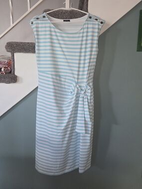 Talbots White and Light Blue Striped Tie-Waist Midi Dress